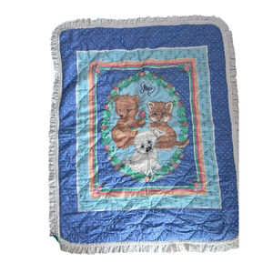 Vintage Handmade Baby Animal Quilt Blue Nursery Crib Ruffle 44x35